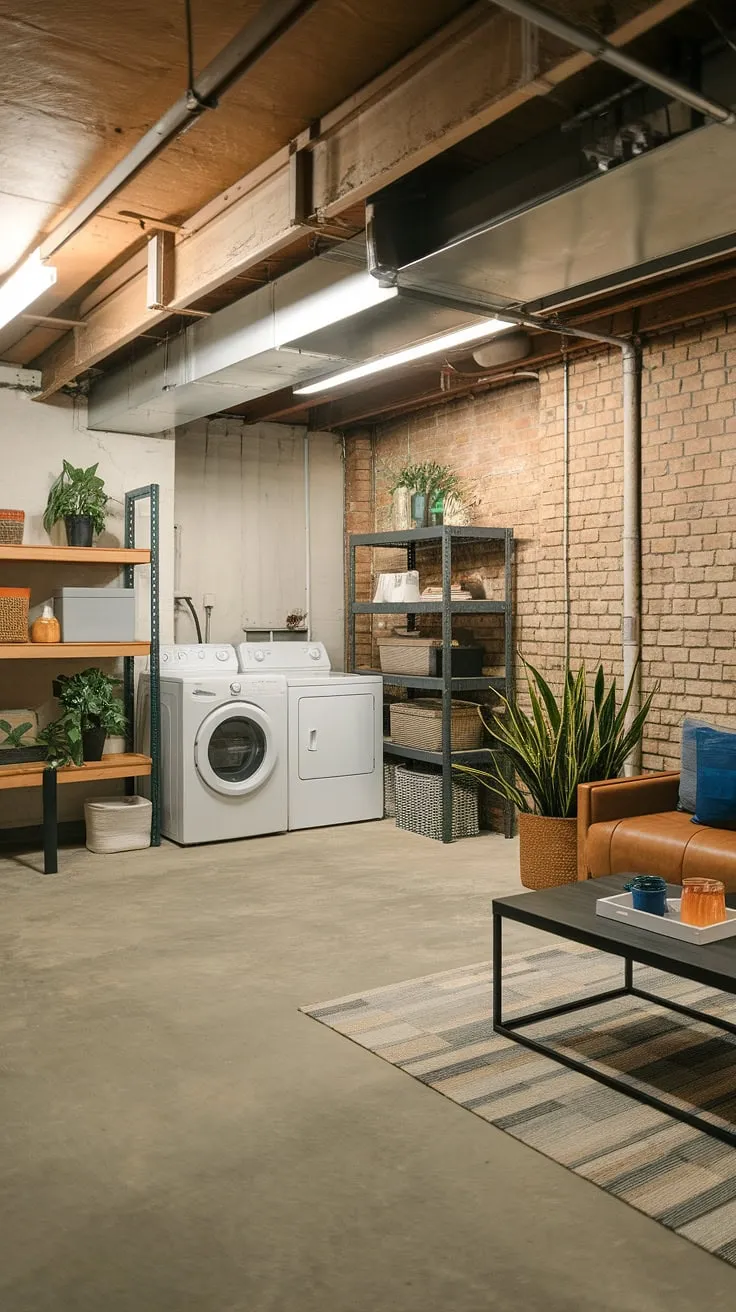 Transforming an unfinished basement into a versatile space? This basement design ideas example shows how to cleverly incorporate an unfinished basement laundry room into a larger multipurpose basement room. The exposed brick and concrete flooring create a unique aesthetic, while the addition of a comfortable seating area and storage shelves maximizes functionality. This laundry in basement setup offers practical basement laundry ideas and inspiring downstairs basement ideas, proving that unfinished basement transformations can be both beautiful and efficient.