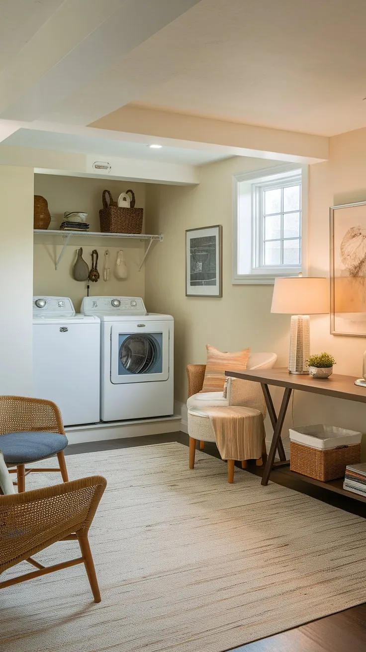 This downstairs basement ideas project shows how an unfinished basement transformations can create a functional and inviting multipurpose basement room, complete with laundry in basement. Clever basement laundry ideas for small spaces.