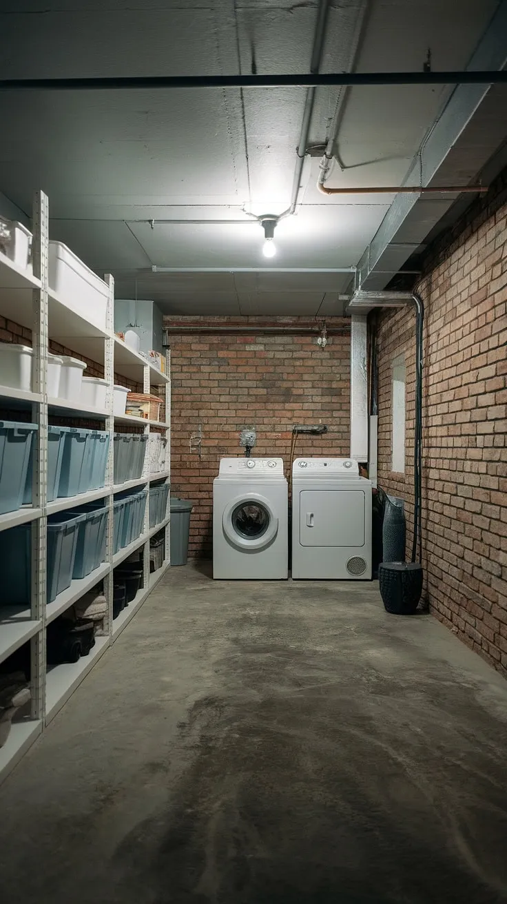 Unleash the potential of your unfinished basement with this inspiring basement laundry ideas setup. This multipurpose basement room demonstrates how to cleverly design a laundry in basement while maintaining a stylish aesthetic. The exposed brick and concrete floor create a raw, industrial feel, perfectly complemented by the practical storage solutions. This is a testament to the power of unfinished basement transformations, offering a wealth of downstairs basement ideas for those looking to maximize their space. Explore these basement design ideas for your own home.
