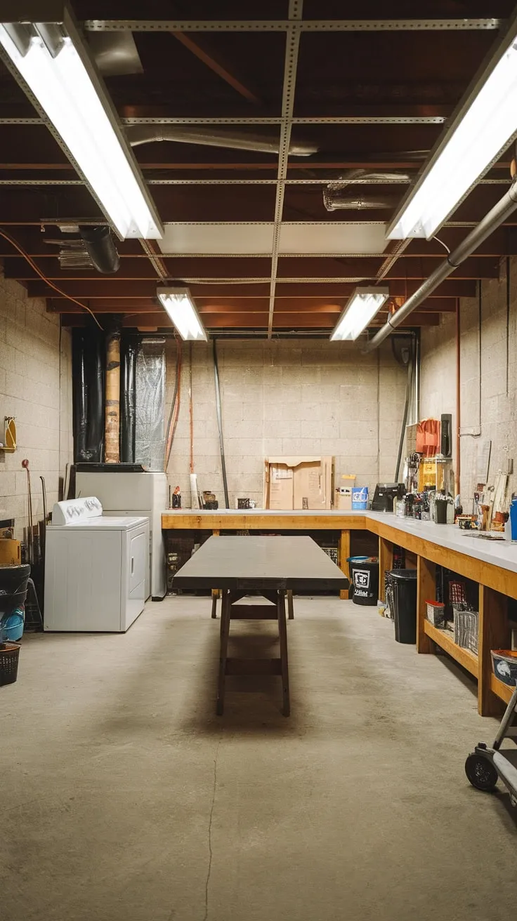 This multipurpose basement room proves that unfinished spaces can be transformed into functional and stylish havens. Basement design ideas come alive with clever storage and a blend of laundry and workshop areas.