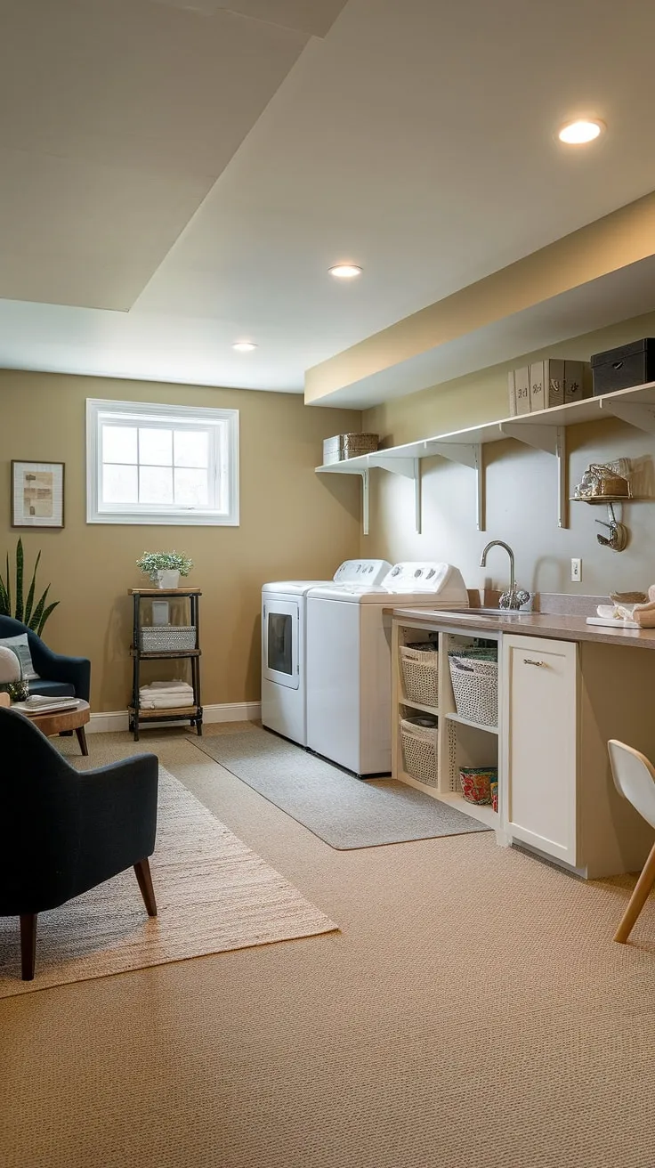 This multipurpose basement room showcases clever basement design ideas, transforming an unfinished basement laundry room into a functional and stylish space. The beige carpet and walls create a warm atmosphere, while the laundry area with washer and dryer, sink, and storage seamlessly integrates with the seating area and plant, offering practical basement laundry ideas and downstairs basement ideas all in one. This is a prime example of unfinished basement transformations.