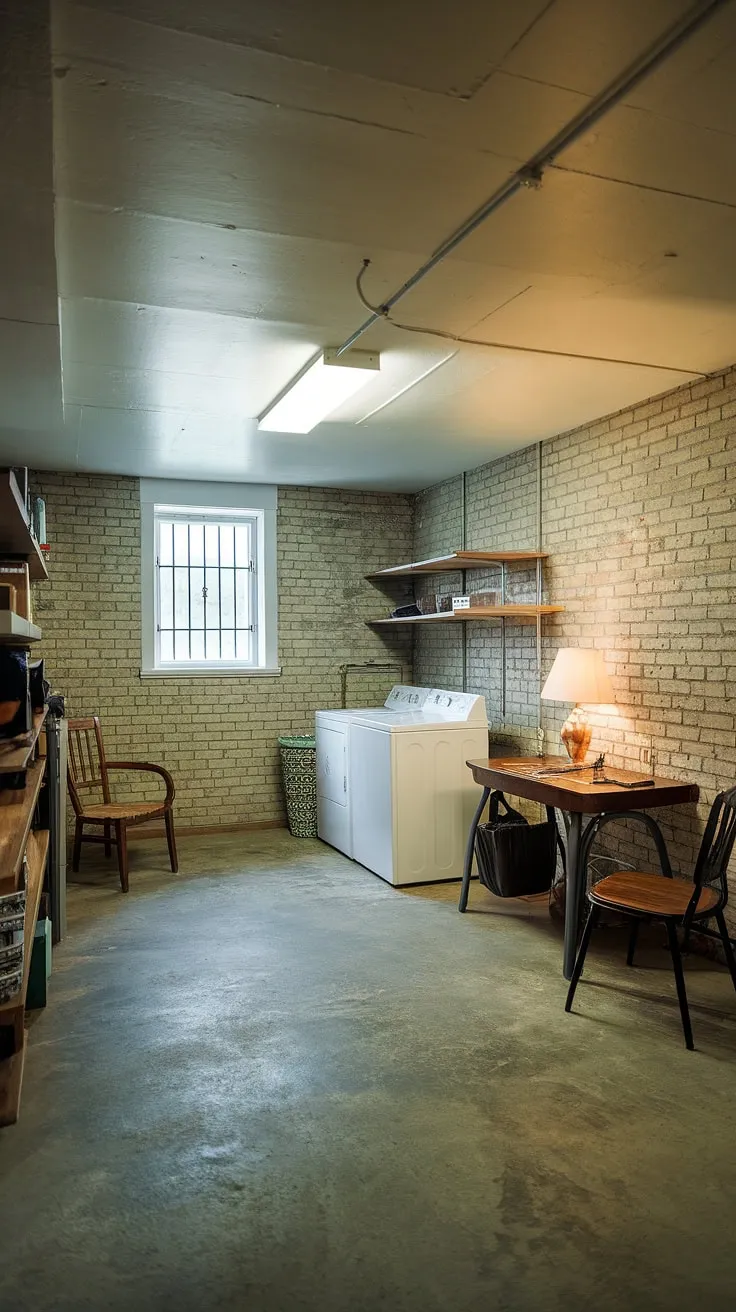 Unleash the potential of your downstairs basement ideas! This unfinished basement laundry room showcases how to seamlessly integrate laundry in basement with a comfortable workspace, offering inspiring basement design ideas for your own multipurpose basement room.