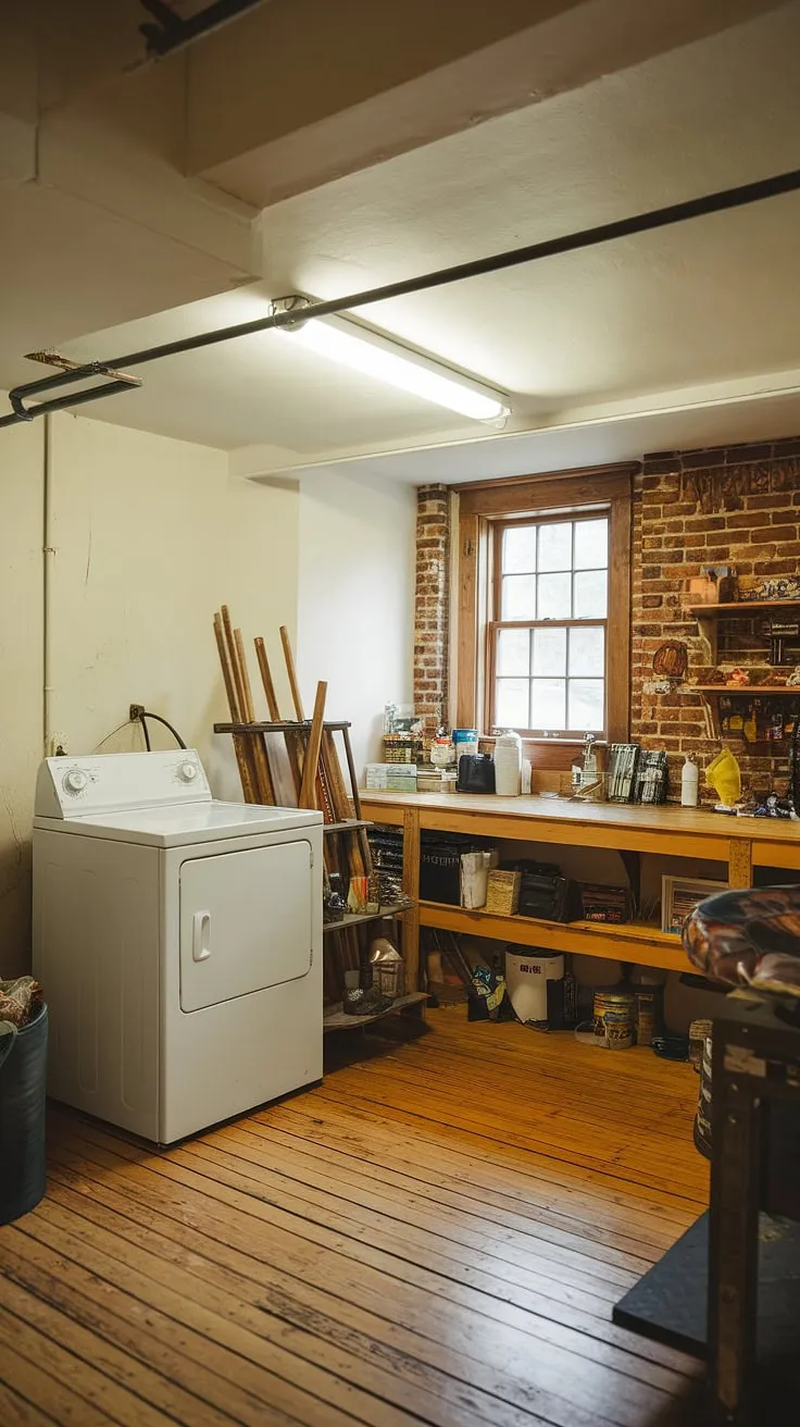 This multipurpose basement room proves that unfinished spaces can be transformed into functional and stylish havens. Basement design ideas come alive with this clever blend of laundry in basement and workshop area.