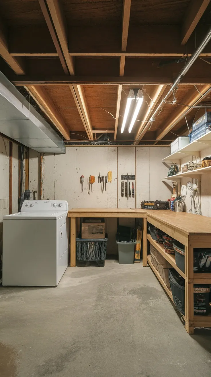 This multipurpose basement room proves that unfinished spaces can be transformed into functional and stylish havens. Basement design ideas come alive with clever storage solutions, a dedicated laundry area, and a handy workbench – all within this impressive unfinished basement transformations.