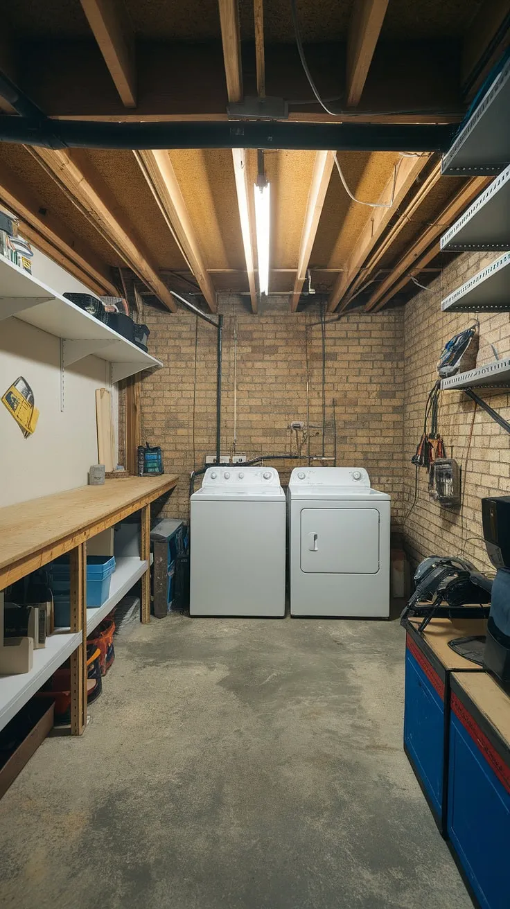 This multipurpose basement room proves that unfinished spaces can be transformed into functional and stylish havens. Clever basement design ideas maximize space, seamlessly integrating a laundry area with a workshop and storage. Perfect basement laundry ideas for maximizing your downstairs basement ideas.