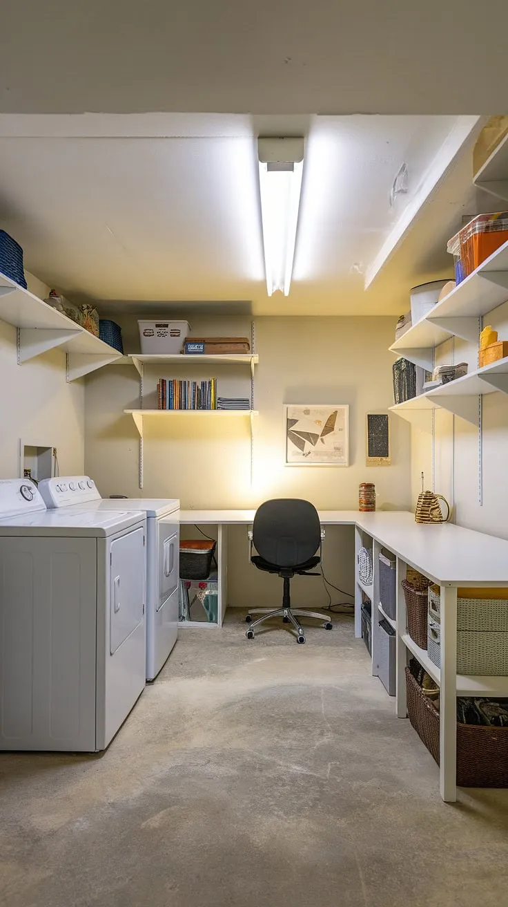 From unfinished space to ultimate utility: This multipurpose basement room boasts a laundry area, workspace, and ample storage, showcasing clever basement design ideas and transforming an unfinished basement laundry room into a functional haven. This is the perfect example of downstairs basement ideas and unfinished basement transformations.