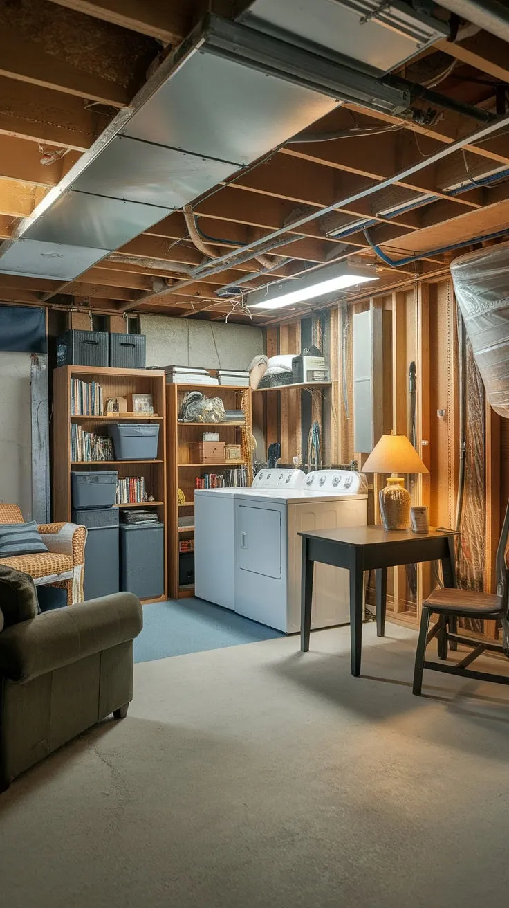 This multipurpose basement room showcases clever basement design ideas, transforming an unfinished space into a functional and comfortable area. The unfinished basement laundry room, complete with washer and dryer, is seamlessly integrated alongside a cozy seating area with a couch and bookshelf, highlighting creative basement laundry ideas. The inclusion of a table and chair near the laundry in basement adds practicality, while the storage cabinet maximizes space. This is a prime example of downstairs basement ideas and unfinished basement transformations.