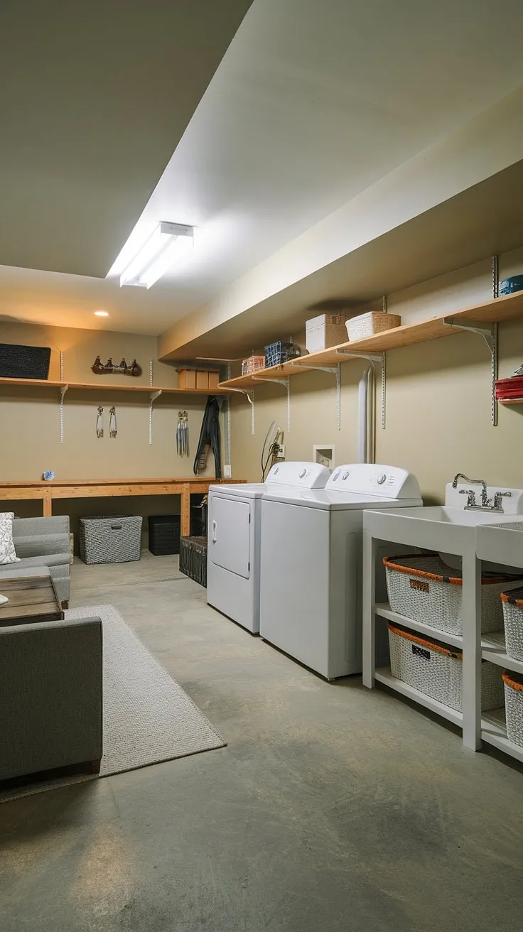 This multipurpose basement room showcases clever basement design ideas, transforming an unfinished basement laundry room into a functional and comfortable space. The finished laundry area, complete with washer, dryer, sink, and counter storage, seamlessly integrates with a workbench, shelving, and a cozy seating area. This is a prime example of how creative basement laundry ideas and downstairs basement ideas can turn an unfinished basement into a valuable living area. The concrete floor and painted walls provide a clean backdrop for this successful unfinished basement transformation.