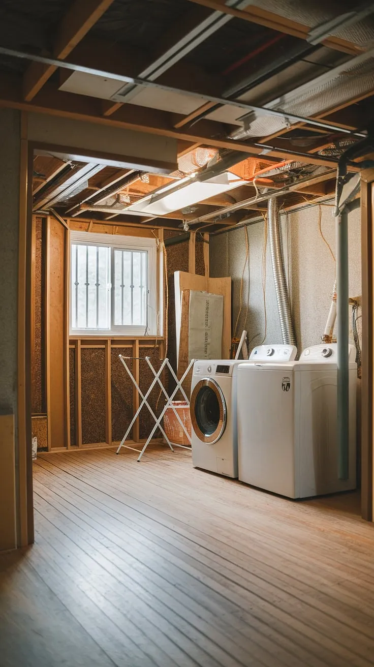 This multipurpose basement room showcases clever basement design ideas, transforming an unfinished space into a functional laundry area. The unfinished basement laundry room features a washer and dryer, drying rack, and retains the original concrete walls and wooden floors, offering inspiration for basement laundry ideas and downstairs basement ideas. The barred window and door add character to this unfinished basement transformations project, proving that even a raw space can be stylish and practical with the right laundry in basement setup.