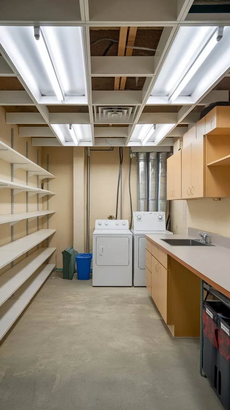 This multipurpose basement room showcases clever basement design ideas, transforming an unfinished basement laundry room into a functional and stylish space. The finished laundry area, complete with washer, dryer, sink, and cabinets, sits comfortably alongside ample storage shelves, proving that even a laundry in basement can be a design highlight. This is a prime example of downstairs basement ideas and unfinished basement transformations.