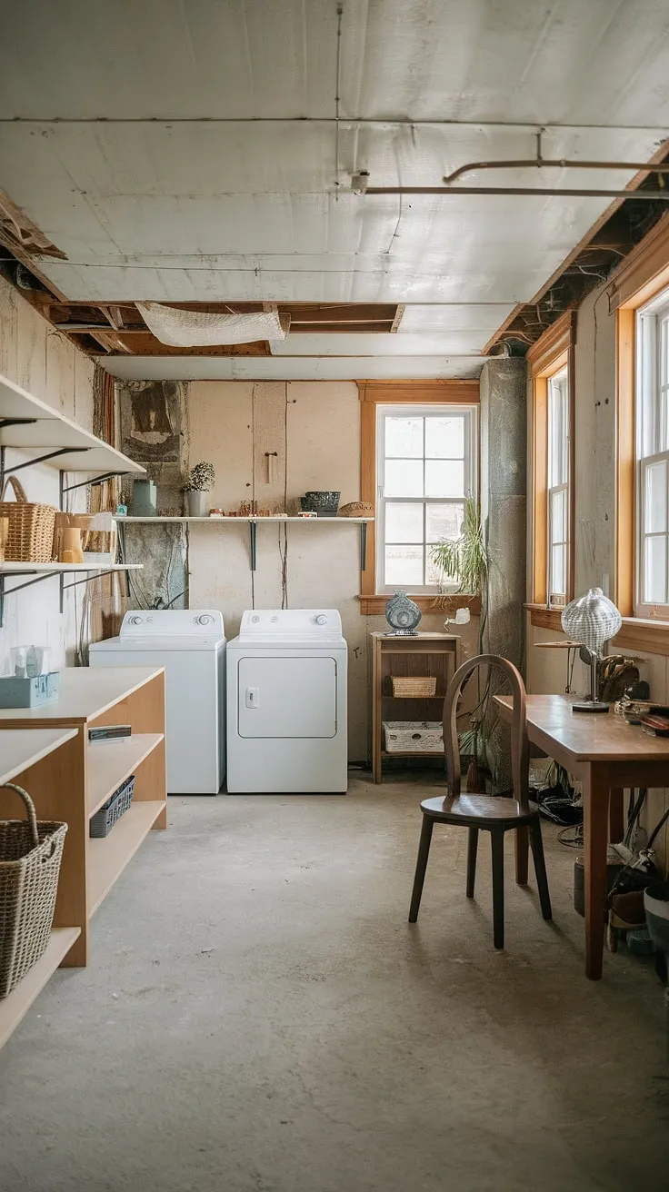 Transforming this unfinished basement into a multipurpose haven: laundry, workspace, and more. Basement design ideas abound for this space!
