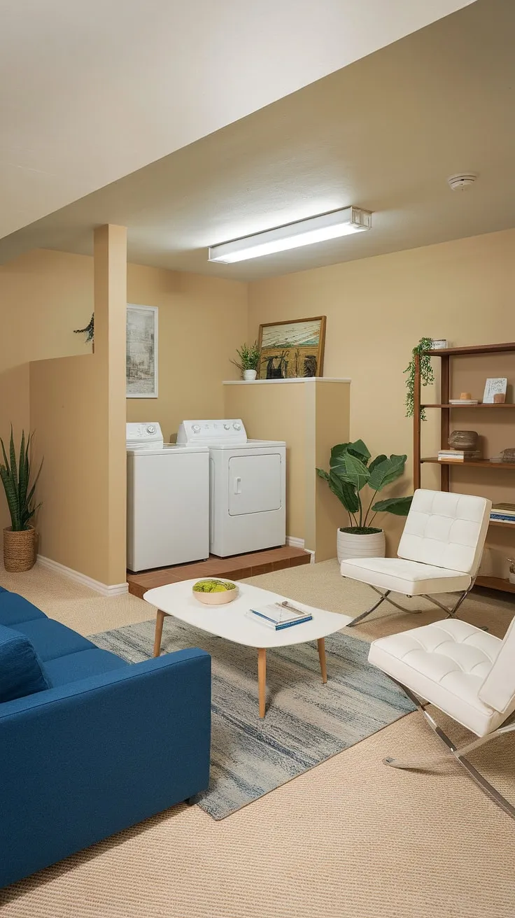 Transforming unfinished spaces into functional havens: This multipurpose basement room showcases clever basement design ideas, seamlessly integrating a laundry area with a cozy living space. Basement laundry ideas done right!
