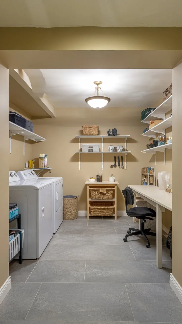 Unleash the potential of your unfinished basement! This basement laundry ideas showcase a stunning transformation, combining laundry in basement with a workspace and storage, offering endless downstairs basement ideas for a truly multipurpose basement room.