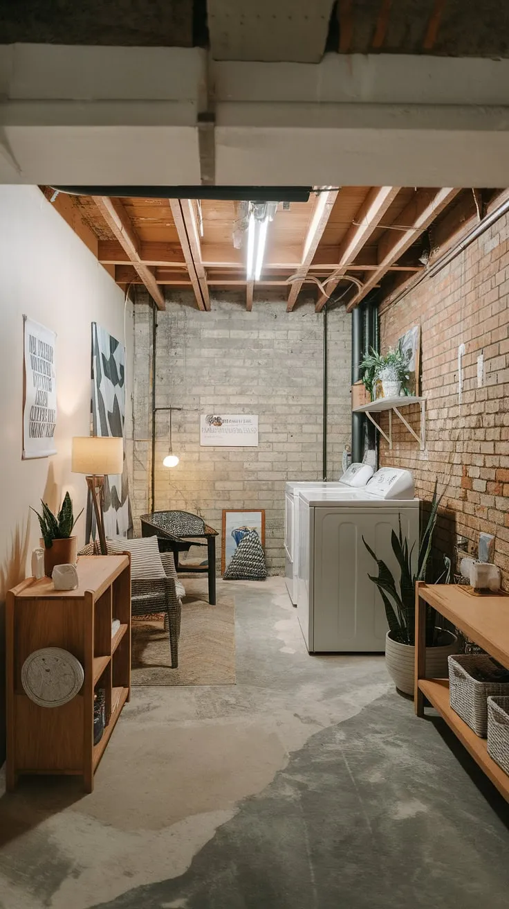 Smart basement design ideas are on full display in this well-lit multipurpose basement room. An unfinished basement laundry room has been cleverly converted, incorporating a washer and dryer (laundry in basement) seamlessly into the design. Exposed brick walls and a concrete floor provide an industrial chic backdrop, while personal touches like a plant and a chair add warmth and comfort. This is a prime example of downstairs basement ideas and unfinished basement transformations, offering inspiration for basement laundry ideas.