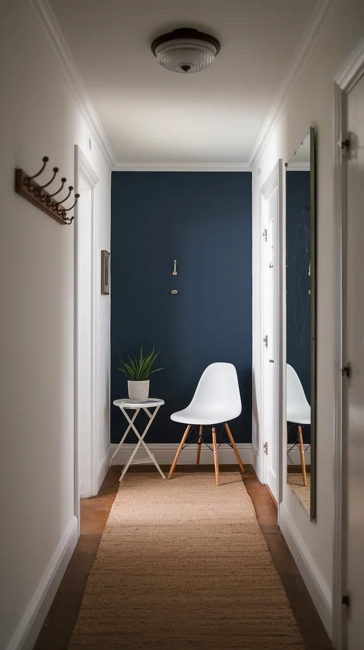 This narrow hallway entrance is transformed into a stylish home entrance with clever narrow hallway decorating. The dark blue accent wall adds depth, while the simple furniture and rug create a welcoming hall design.  A perfect example of maximizing space in a narrow hallway.