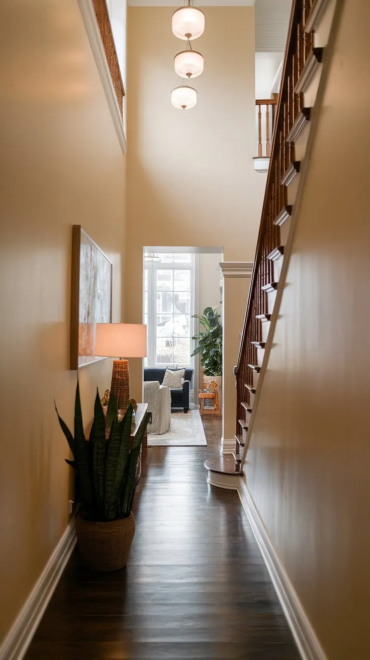 A dramatic, high-ceilinged narrow hallway leads to a cozy living room.  This narrow hallway decorating scheme masterfully uses the limited space, showcasing a sophisticated home entrance decor. The dark wood floor and beige walls create a stunning backdrop, while the strategically placed plant and lamp enhance the entrance decor.  This hall design is a perfect example of how to maximize impact in a narrow hallway.