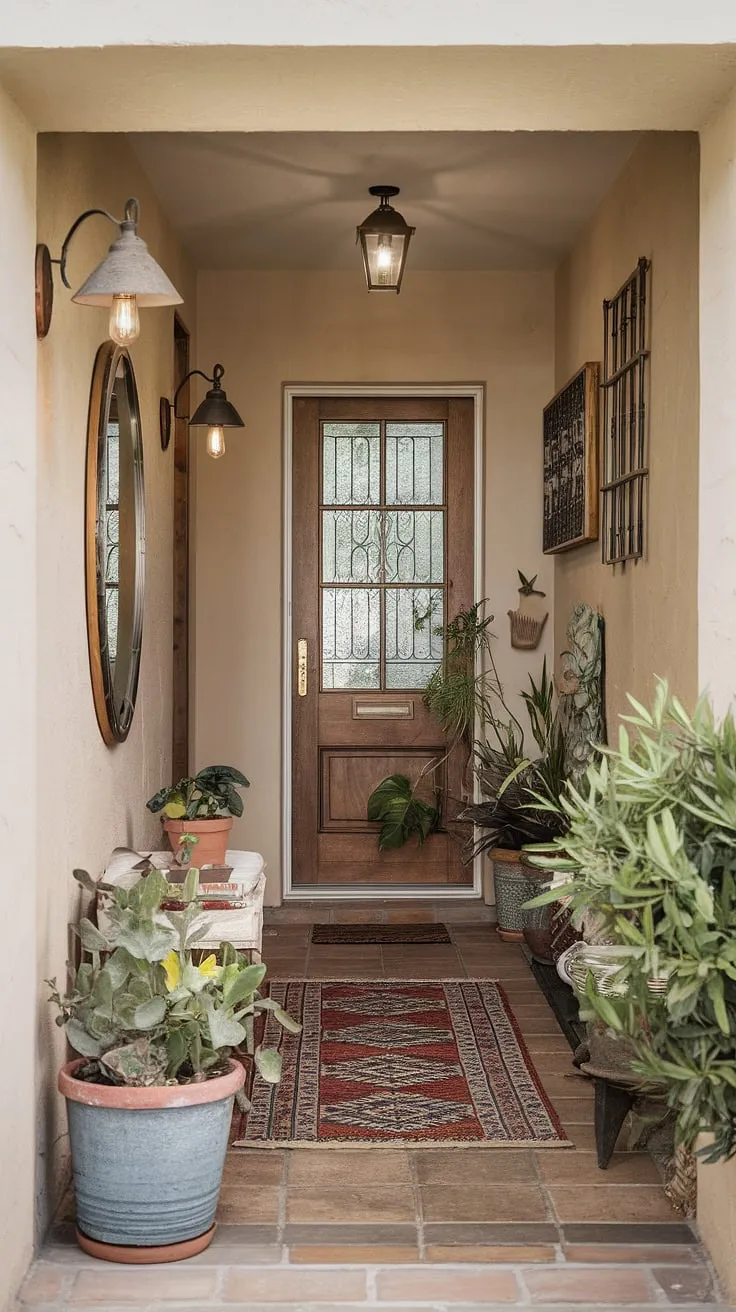 This narrow hallway entrance, a testament to clever narrow hallway decorating, welcomes you home with its charming hall design.  Potted plants, a mirrored wall, and warm lighting create a surprisingly spacious feel, making this home entrance decor truly inviting. The wooden door with its window adds a touch of classic elegance to the overall home entrance.