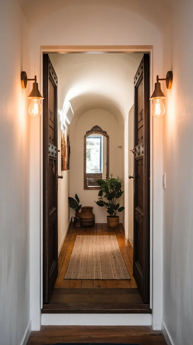 A narrow hallway doesn't have to feel cramped. This narrow hallway, expertly decorated, proves that with the right entrance decor and hall design, even a narrow hallway entrance can become a welcoming and stylish home entrance.  The result is a stunning example of narrow hallway decorating.