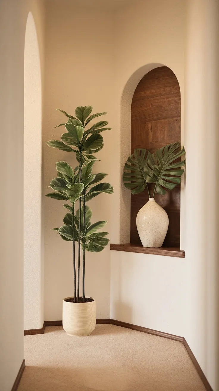 Step into serenity. This narrow hallway entrance, decorated with simple yet elegant home entrance decor, proves that even the smallest spaces can make a grand statement.  Clever narrow hallway decorating maximizes the light and creates a welcoming home entrance.  The hall design is a testament to the power of thoughtful placement and a touch of greenery.