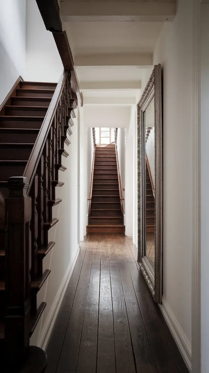 A captivating home entrance decor awaits. This narrow hallway, enhanced by thoughtful narrow hallway decorating, uses a large mirror to cleverly create the illusion of depth.  The hall design is a masterclass in maximizing space, transforming a narrow hallway into a stunning focal point.