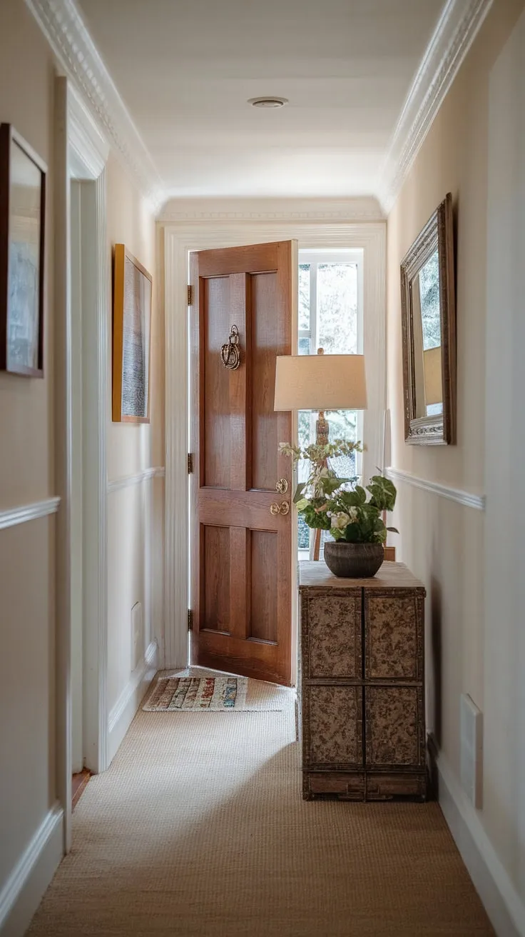 Step into serenity. This narrow hallway entrance, decorated with thoughtful home entrance decor, proves that even the smallest spaces can make a grand statement.  The hall design maximizes light and creates a welcoming home entrance, showcasing the art of narrow hallway decorating.