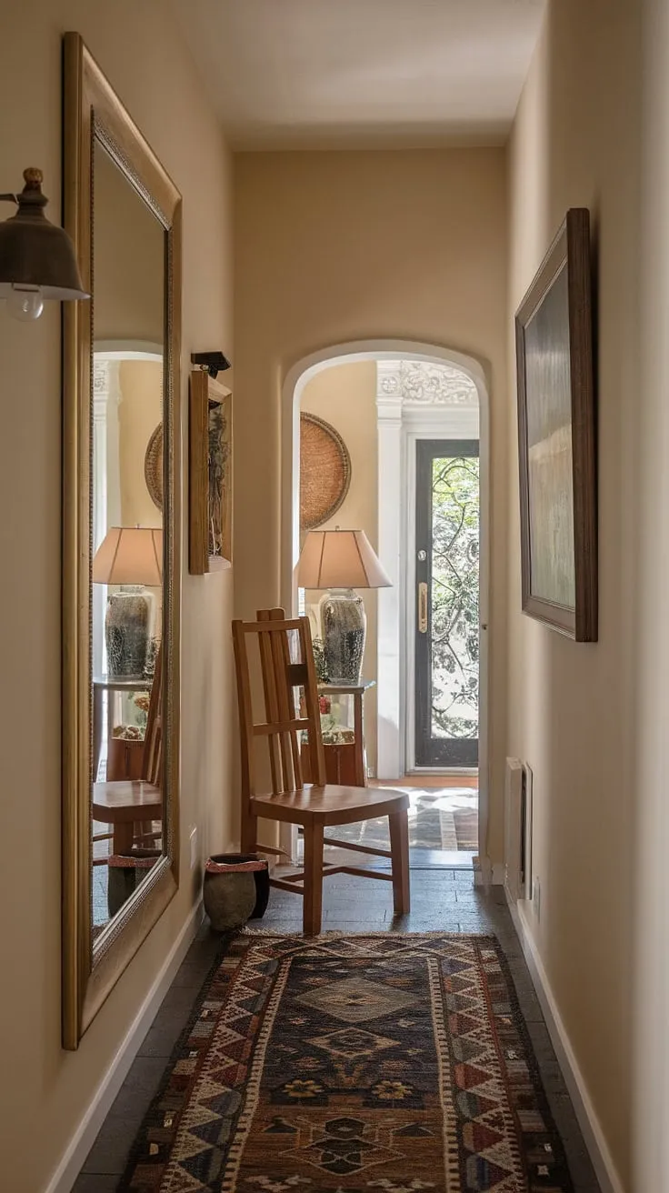 This narrow hallway entrance is a testament to the power of thoughtful design.  The narrow hallway decorating is expertly executed, using a mirror to visually expand the space and highlighting the elegant entrance decor.  The result? A welcoming home entrance that's both stylish and functional, a perfect example of hall design in a small space.