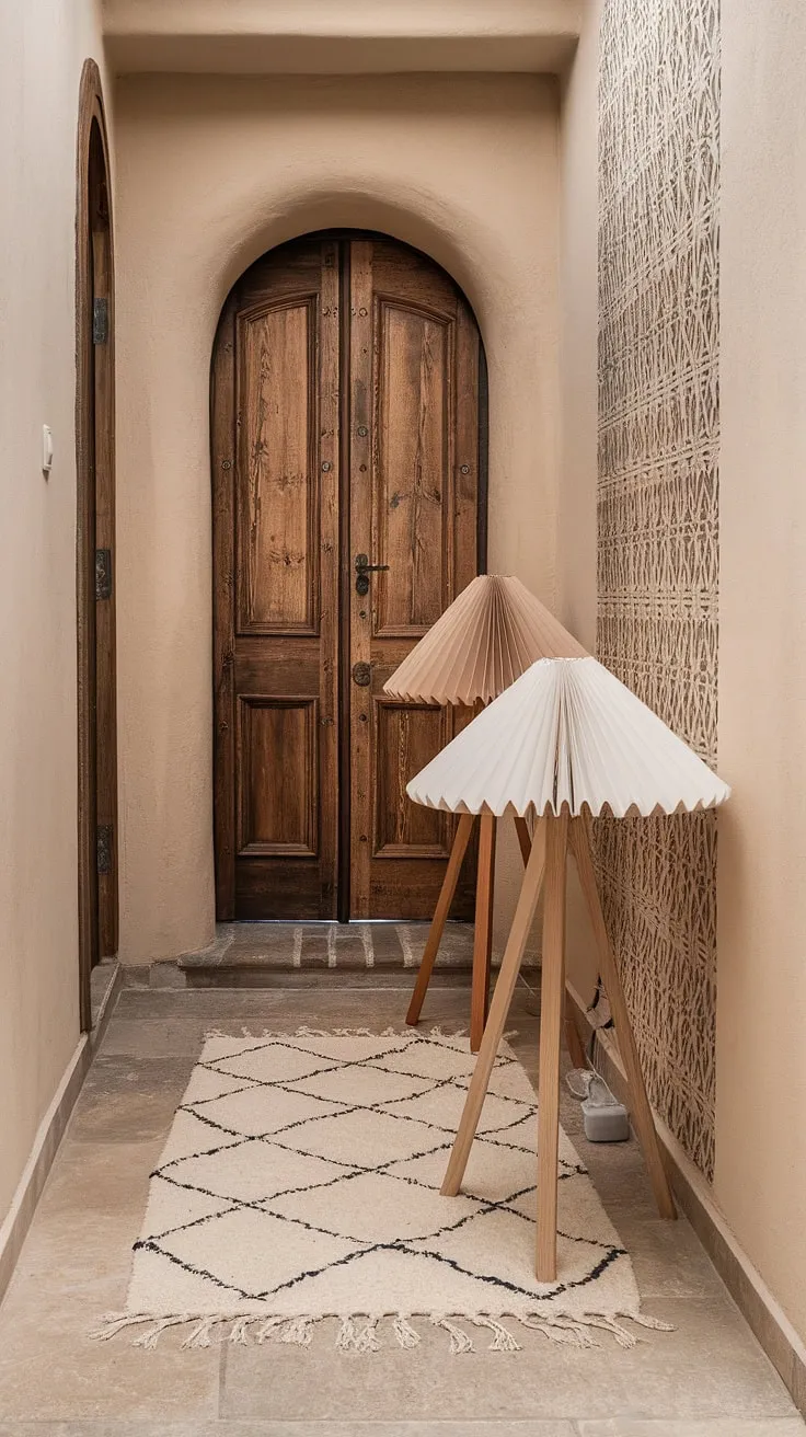 Step into serenity. This narrow hallway entrance, a testament to clever narrow hallway decorating, proves that even the smallest spaces can exude charm. The hall design, featuring a subtle interplay of textures and tones, creates a welcoming home entrance decor.  The carefully chosen entrance decor, from the patterned rug to the conical lamps, transforms this narrow hallway into a captivating home entrance.