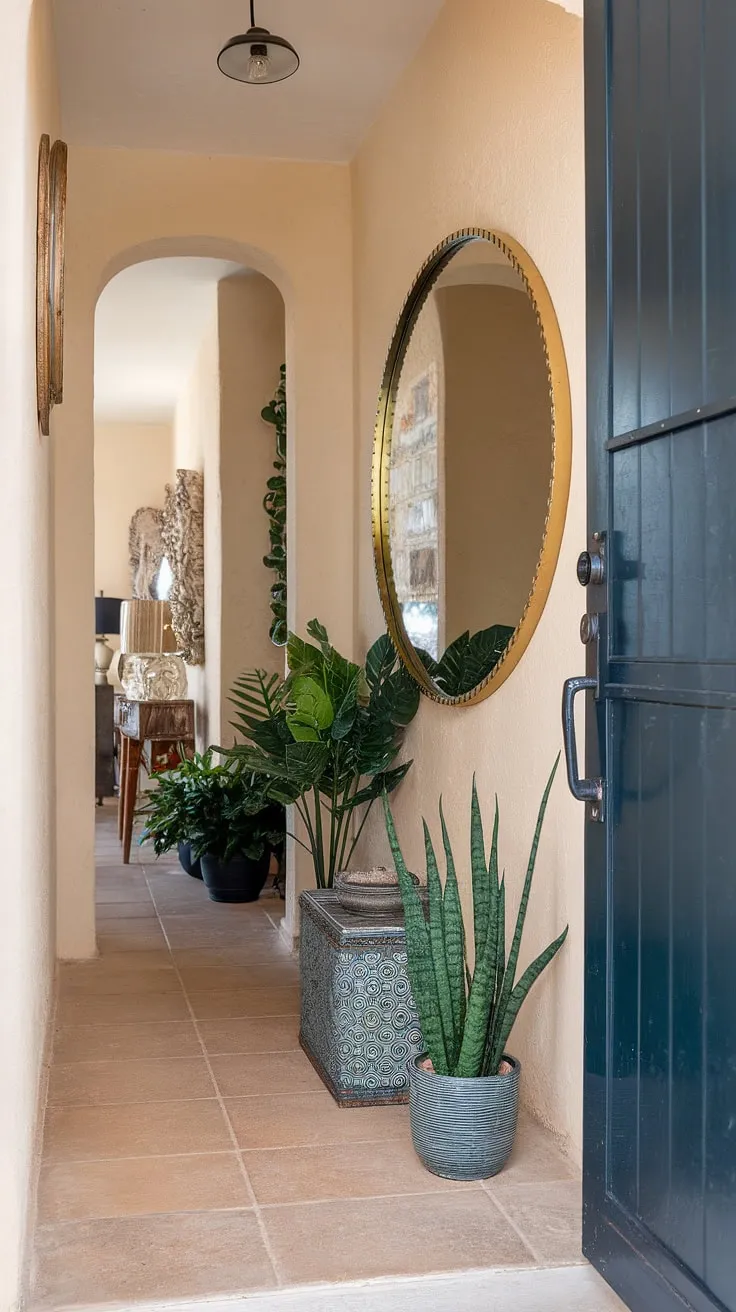 Maximize space and style in your narrow hallway with thoughtful home entrance decor. This narrow hallway entrance showcases how a strategically placed round mirror, a few carefully chosen plants, and a decorative box can elevate the entire home entrance, proving that even the smallest spaces can make a grand statement.