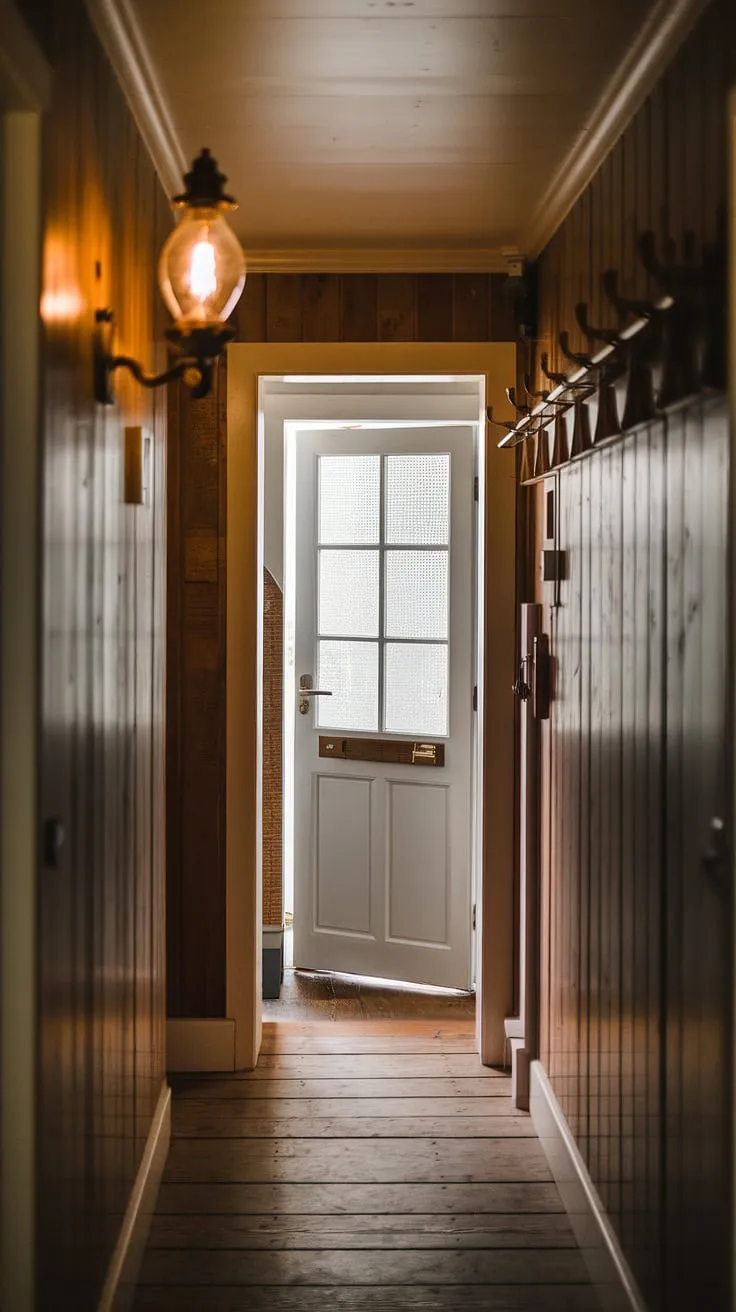 This narrow hallway, a testament to narrow hallway decorating, welcomes you with its rustic allure.  The home entrance is instantly inviting, with thoughtful entrance decor and a glimpse of what lies beyond.  A perfect example of how to make a narrow hallway feel spacious and welcoming.