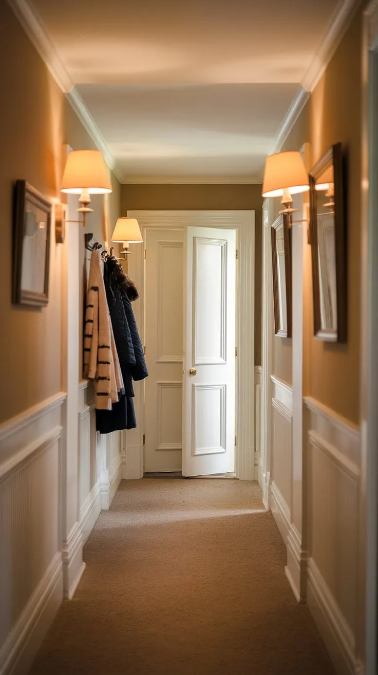 This narrow hallway entrance is a masterclass in narrow hallway decorating.  The subtle lighting and strategic home entrance decor transform a potentially cramped space into a charming and efficient home entrance.  See how simple hall design can make a big impact.