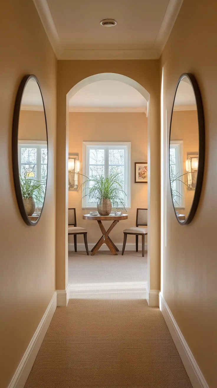 Maximize space and style with this narrow hallway design.  The strategic placement of mirrors in this narrow hallway entrance is a masterclass in narrow hallway decorating.  Notice how the home entrance decor, including the simple yet elegant table and chairs, transforms this narrow hallway into a captivating home entrance.