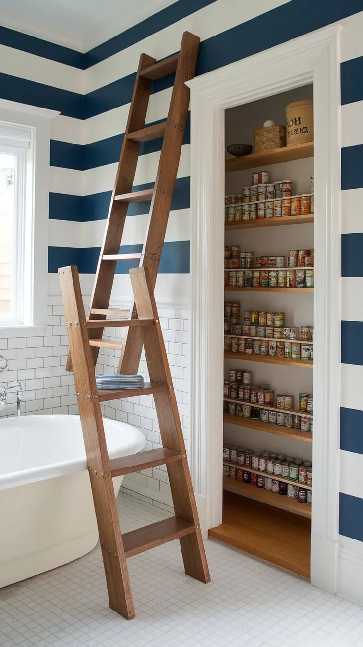 A cleverly concealed pantry, accessed via a rustic ladder, transforms this nautical-themed bathroom into a haven of efficiency and style. The white tub and blue and white striped walls complete the serene coastal ambiance, proving that functionality and beauty can coexist perfectly.