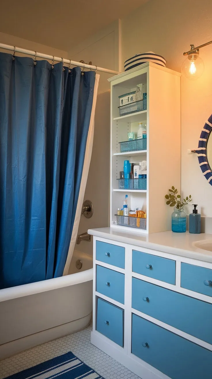 Coastal calm meets clever storage. This nautical-inspired bathroom, with its pantry-style cabinet, proves that functionality and style can sail hand-in-hand. The serene blue accents and ample storage create a spa-like retreat, perfectly blending practicality and aesthetic appeal. A truly inspiring space.