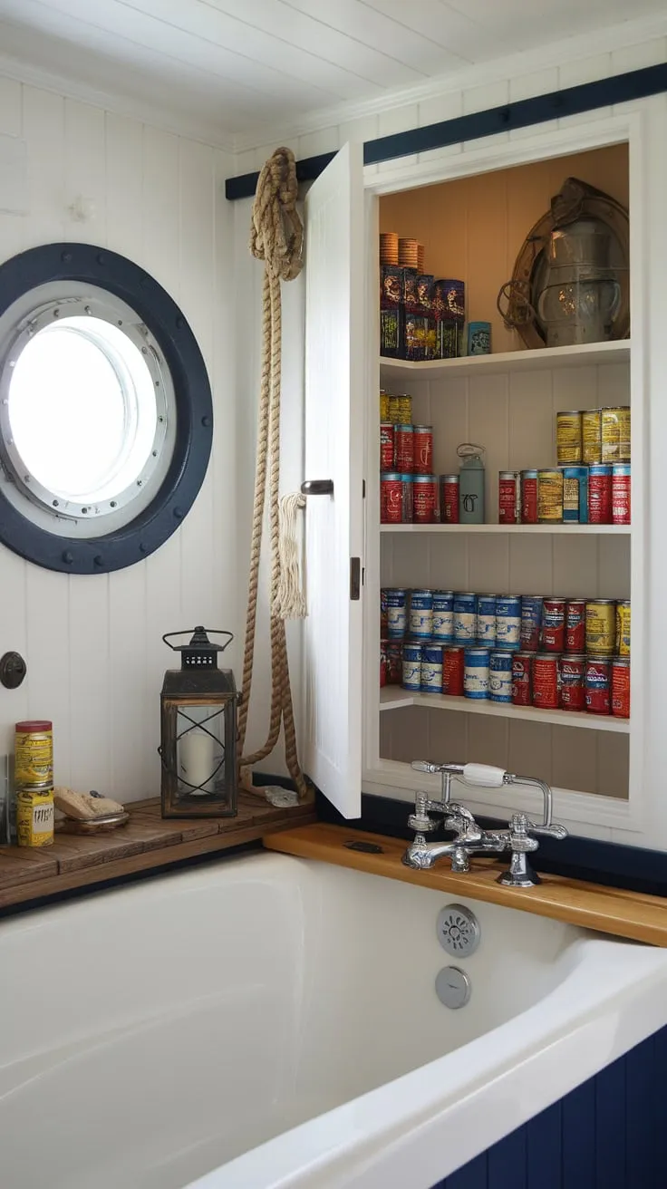 Seafaring style meets surprising storage! This nautical bathroom's hidden pantry, cleverly concealed behind a rustic wooden shelf, reveals a treasure trove of canned goods and nautical décor, proving that even the smallest spaces can be brimming with character and practicality. A perfect blend of functionality and charm, this design effortlessly combines the rugged appeal of a ship's cabin with the serenity of a coastal retreat. A true testament to clever design and a love for the sea.