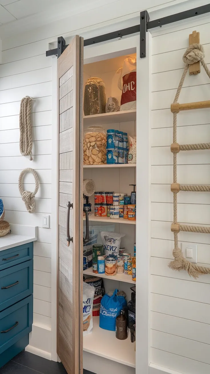 Beyond the shiplap and seashells lies a secret: a perfectly organized nautical pantry. A clever use of space, this hidden gem showcases the beauty of blending practicality with a cohesive design. A delightful surprise for any visitor, it's a testament to the power of creative storage solutions.