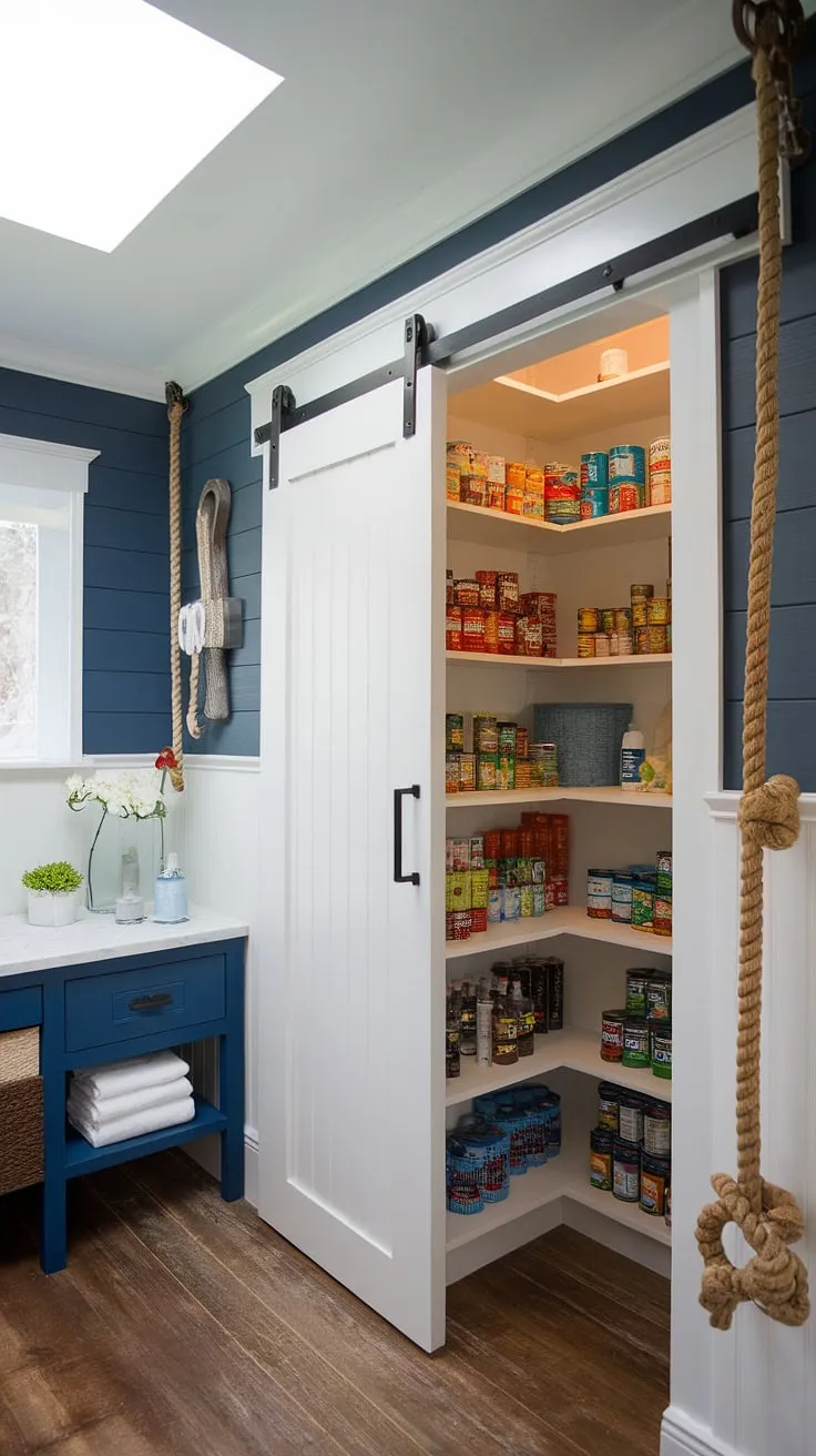 Seafaring style meets practical pantry perfection. This nautical-themed bathroom cleverly incorporates a hidden walk-in pantry, complete with sliding barn door and ample storage for all your essentials, proving that even the smallest spaces can be both stylish and functional. The skylight adds a bright, airy feel, enhancing the overall charm.