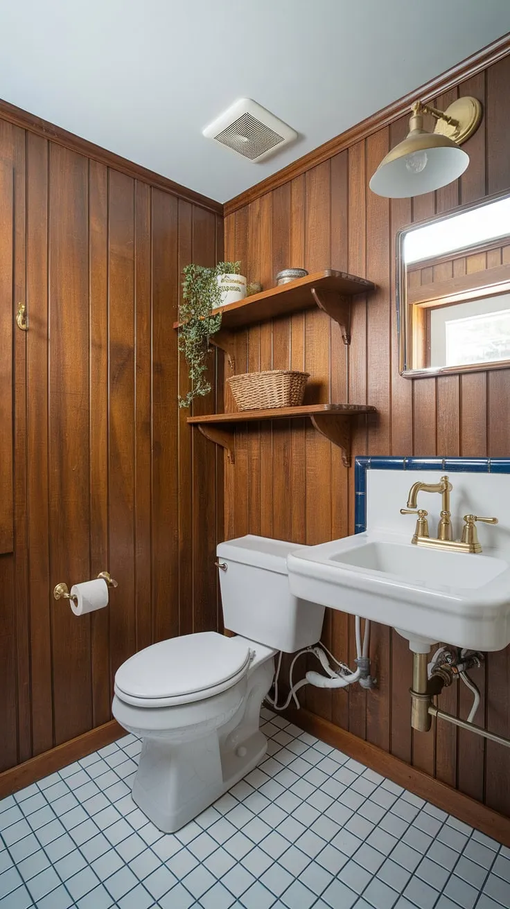Step into a world of nautical elegance. This bathroom's design seamlessly blends rustic wood with polished brass, creating a sophisticated and inviting atmosphere. The white toilet and sink, accented by the brass faucet and light fixture, maintain a sense of airy cleanliness. The blue and white tiled floor adds a touch of playful coastal charm, while the wooden shelf with its greenery adds a touch of life and warmth. A truly captivating space.