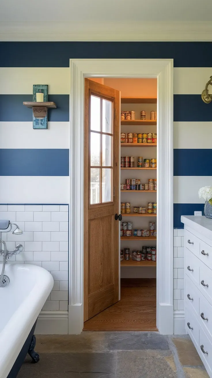 A cleverly concealed pantry, tucked away behind a nautical-themed door, adds unexpected functionality to this serene blue and white bathroom. The spacious storage area, perfect for linens and supplies, is a testament to thoughtful design.