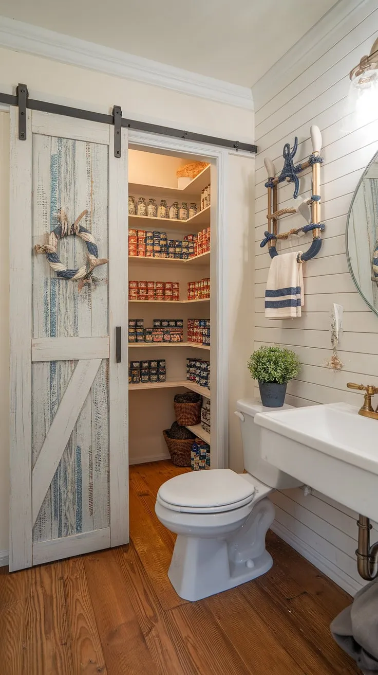 Beyond the shiplap and seashells lies a well-organized secret: a pantry cleverly concealed behind a nautical-themed barn door. This bathroom's design masterfully combines rustic wooden floors, a crisp white palette, and clever storage solutions, proving that even small spaces can be both beautiful and highly functional. The result is a charming and surprisingly spacious retreat.