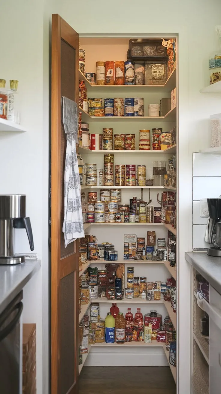 Discover the magic behind this cleverly concealed walk-in pantry. A treasure trove of culinary delights awaits within, showcasing a well-organized collection of canned goods, dry goods, and more. A testament to smart kitchen planning and a foodie's paradise. A space where culinary creativity thrives.