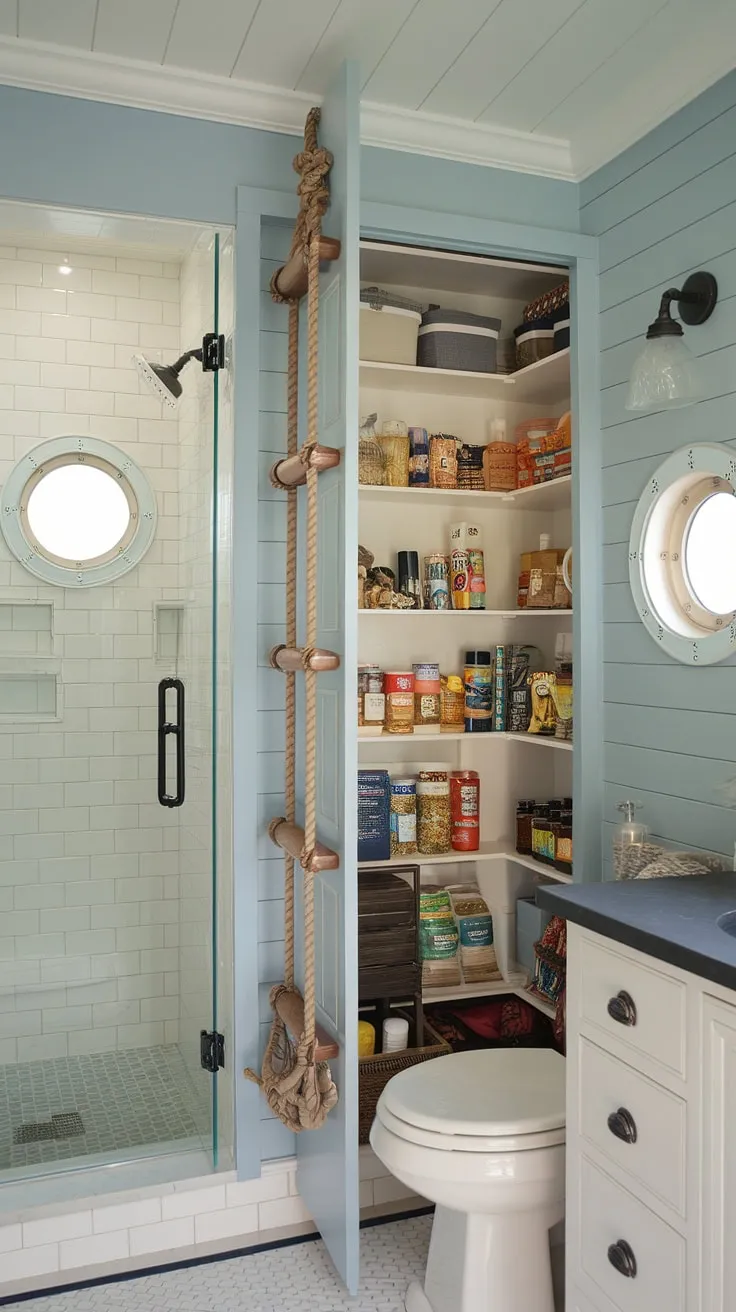 Seafaring style meets practical storage: This nautical bathroom's hidden pantry, complete with rope accents and a wooden ladder, cleverly combines the charm of a ship's galley with the convenience of a well-stocked kitchen. A surprising and delightful space-saving solution.