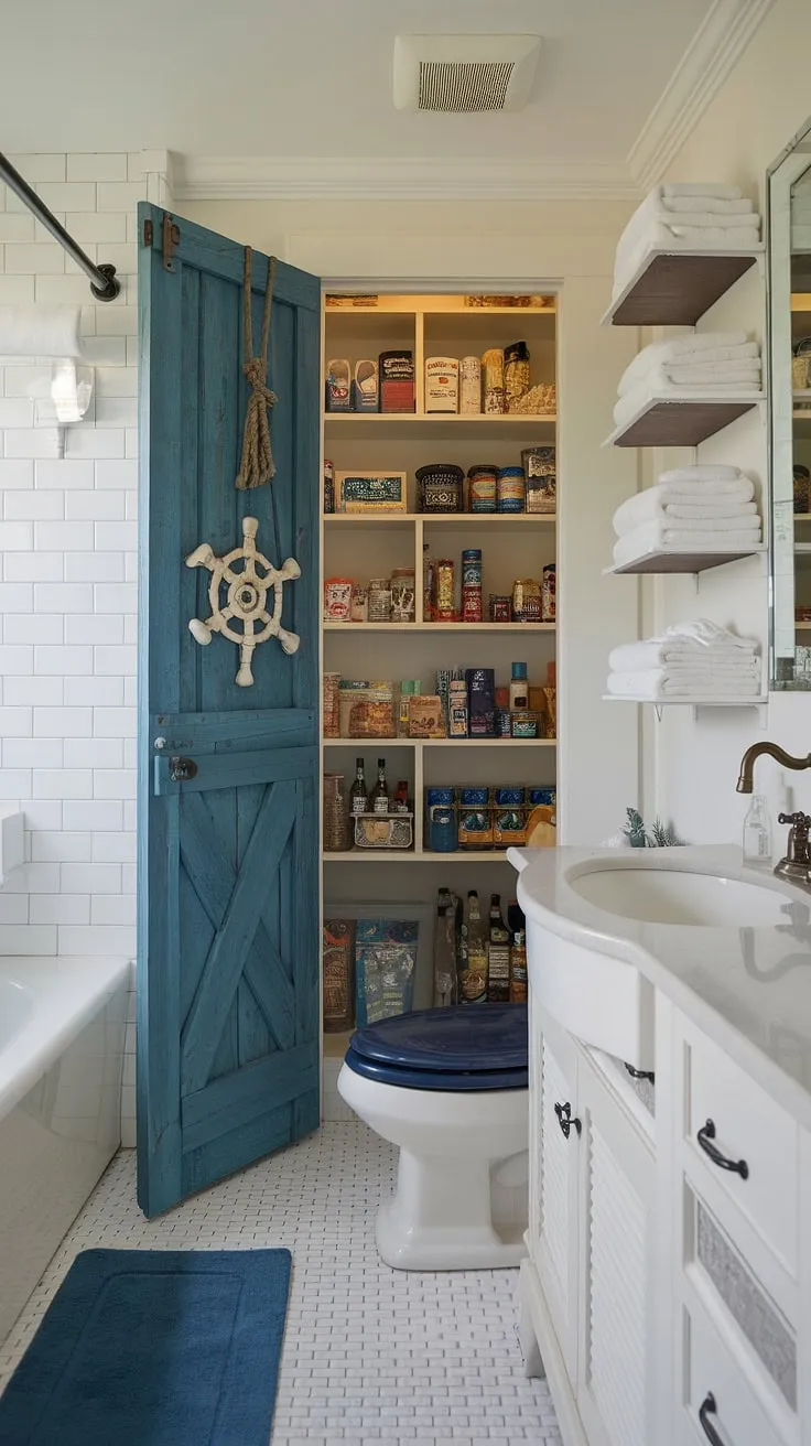 A hidden pantry, cleverly disguised within this nautical-themed bathroom, offers unexpected storage solutions. The charming wooden door, blue accents, and white fixtures create a serene and stylish space, perfect for a relaxing escape.