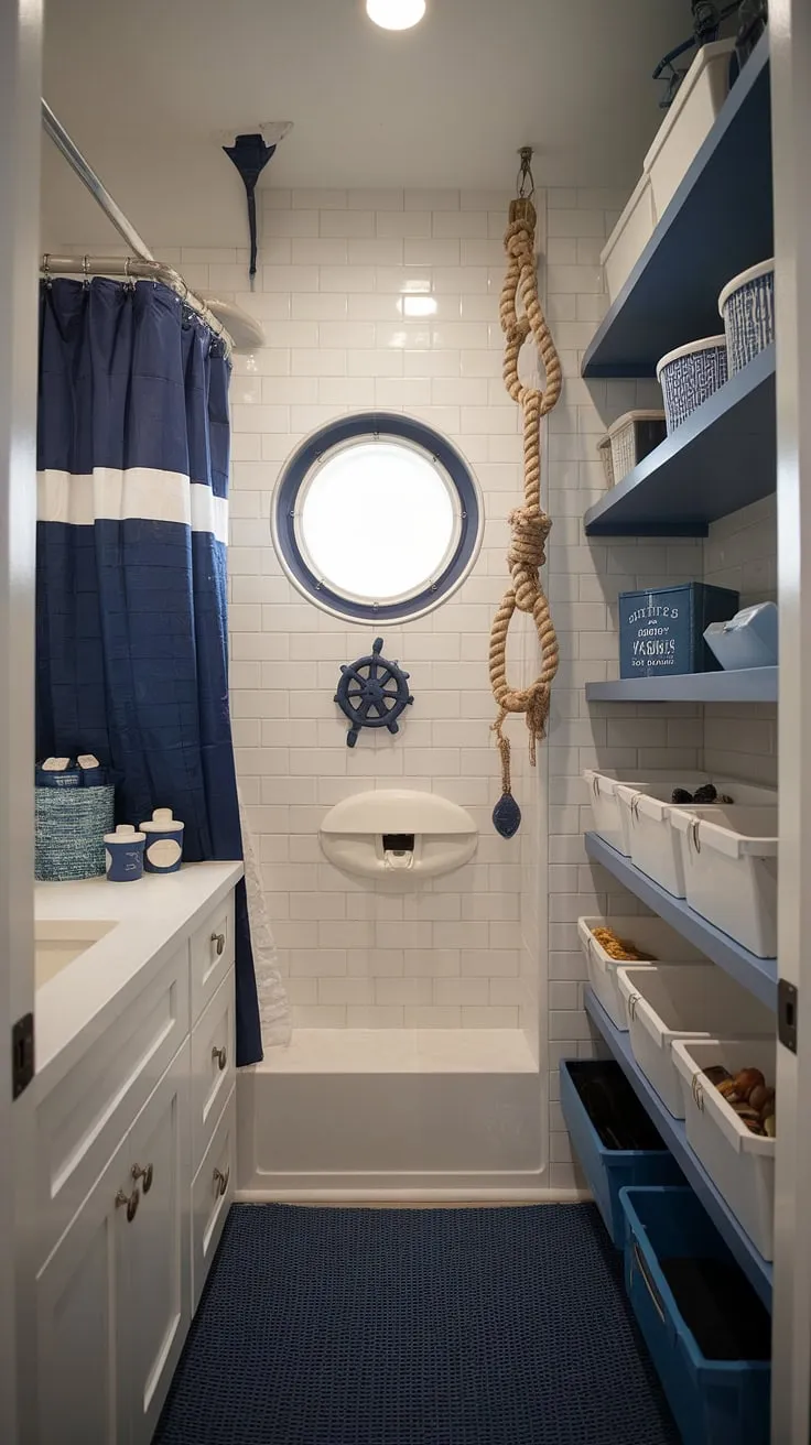 Ahoy, matey! This nautical-inspired bathroom pantry is a treasure trove of clever storage solutions. The blue and white color scheme, reminiscent of a classic ship, is complemented by the practical pantry-style shelving. With its porthole window and nautical accents, this space effortlessly blends the charm of the sea with the organization of a well-stocked pantry, proving that even a small bathroom can be both beautiful and highly functional.
