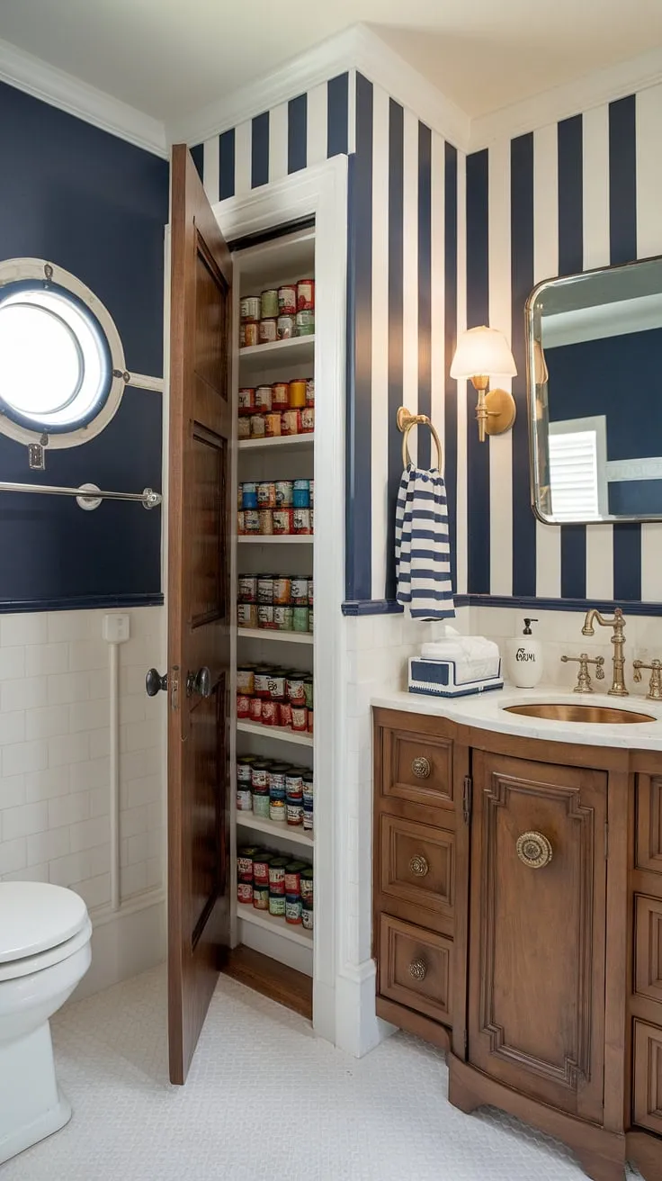 Coastal charm meets clever storage. This nautical-themed bathroom boasts a hidden pantry behind a charming bookshelf, revealing a surprisingly spacious area for all your essentials. The blue and white striped walls, wooden vanity, and brass sink complete the serene, seaside escape. A perfect blend of style and functionality.