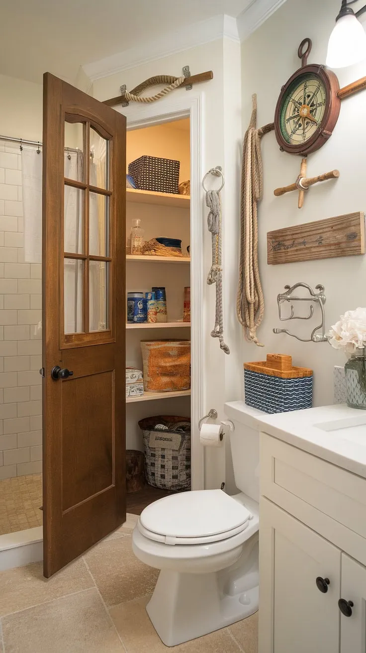A nautical-themed sanctuary where style meets functionality. This bathroom's hidden pantry, accessed through a charming wooden door, provides ample storage without compromising the elegant coastal aesthetic. The clever design ensures everything is neatly stowed away, leaving the main space feeling open and airy.