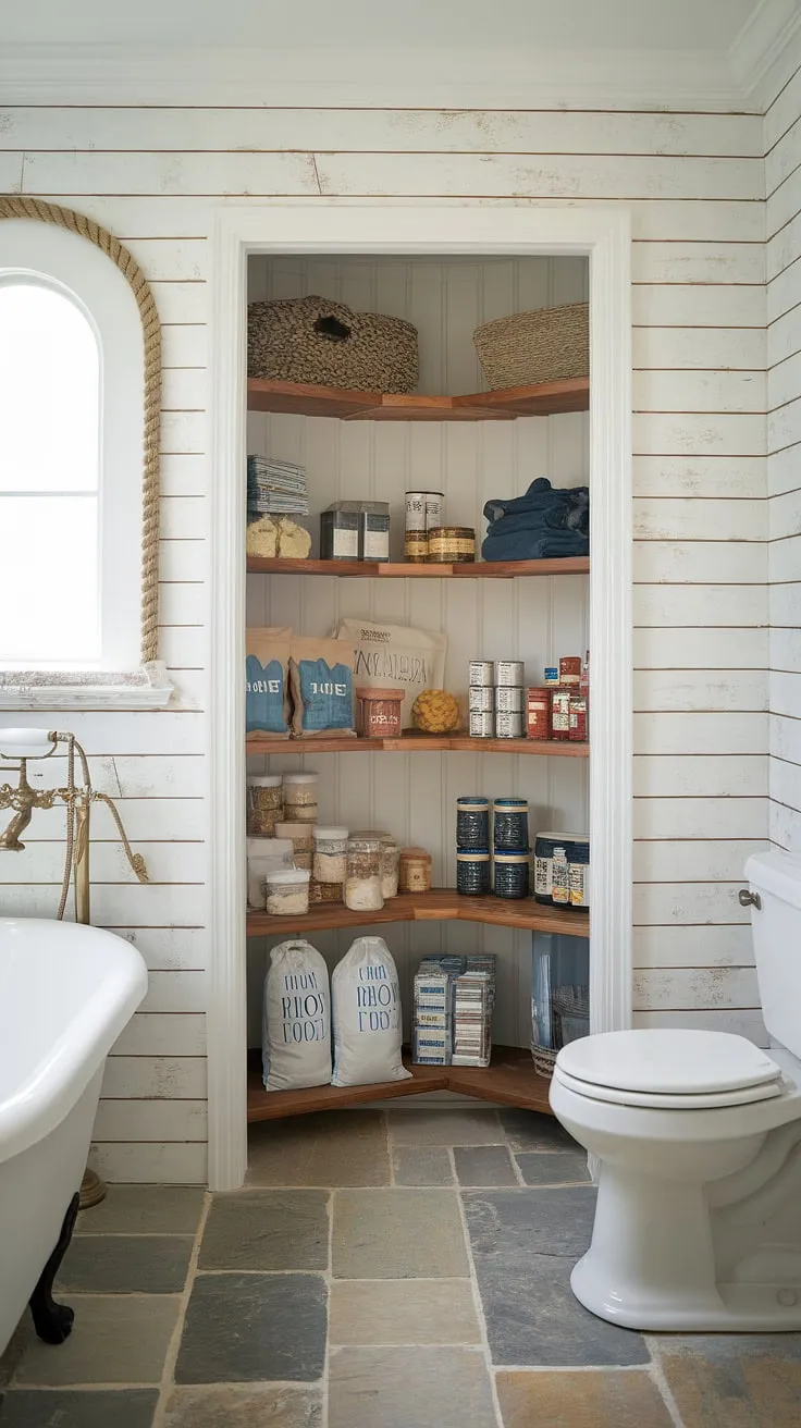 Seamlessly blending coastal charm with practical storage, this nautical-themed bathroom boasts a hidden pantry brimming with provisions. The whitewashed shelves, rope accents, and carefully organized goods create a surprisingly stylish and functional space. A testament to clever design, it's where practicality meets picturesque.