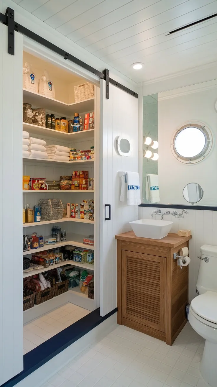 A ship-shape bathroom with a surprising twist: A cleverly integrated pantry, complete with ample shelving and a sliding door, offers unexpected storage solutions. A perfect blend of nautical charm and ingenious functionality, showcasing the power of creative space planning.