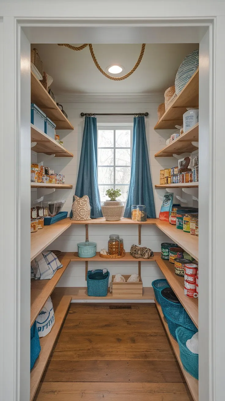 Step into my nautical-themed pantry, a hidden haven of organization and charm. The rope lighting adds a cozy ambiance, while the white walls and wooden shelves create a space that's both functional and aesthetically pleasing. A perfect blend of practicality and personality.