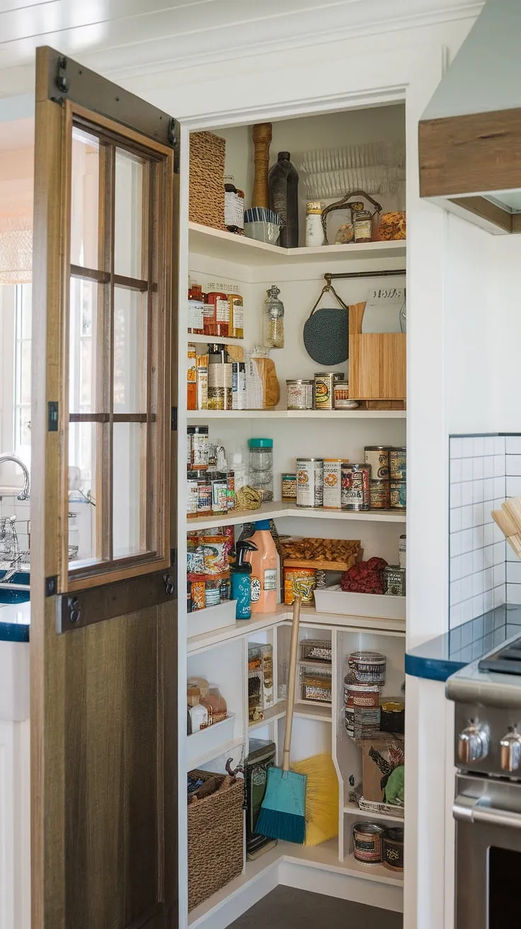 Step into a world of culinary treasures! This hidden walk-in pantry, a delightful blend of nautical charm and practical kitchen organization, reveals a well-stocked haven of canned goods, grains, dried fruits, and cleaning supplies-all neatly tucked away behind a charming wooden door with a window. A true testament to efficient space planning and a love for both the sea and the art of cooking.