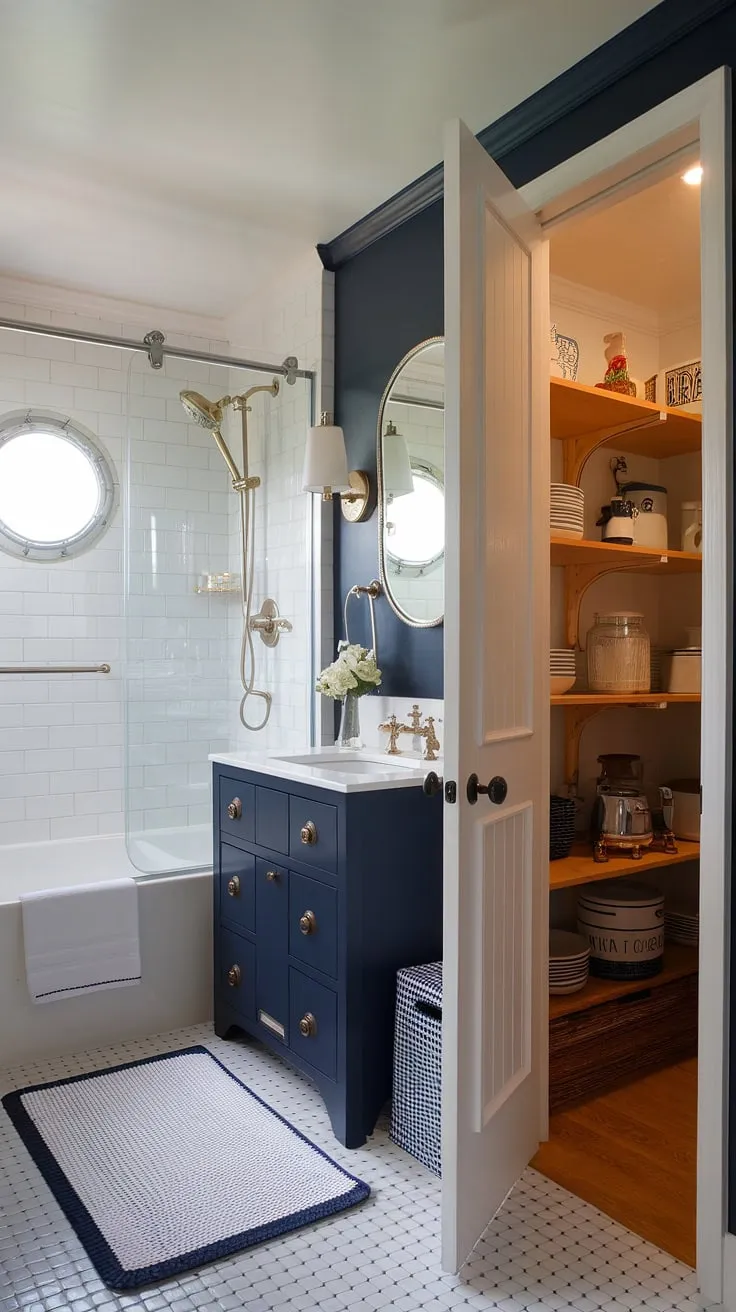 Seamlessly blending nautical charm with practical storage, this bathroom's hidden walk-in pantry is a clever design solution. The deep navy walls, brass fixtures, and porthole window create a tranquil escape, while the adjacent pantry offers unexpected convenience. A perfect example of thoughtful space planning.